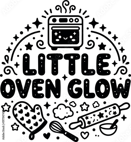 Little oven glow black and white kitchen tools lettering with oven mitt and rolling pin