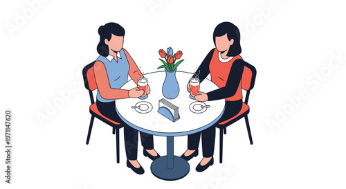 Two female friends enjoying delicious coffee and cold drinks together while sitting at a round cafe table with flowers.