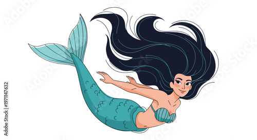 Beautiful mermaid with long dark hair and blue tail swimming gracefully through clear blue water on a clean white background.