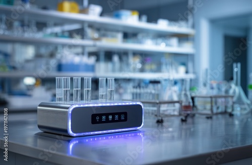 Wallpaper Mural Futuristic compact rectangular device with touch screen display and illuminated edges in a laboratory setting Torontodigital.ca