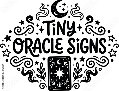 Black and white tiny oracle signs lettering with stars moon and tarot card vector art