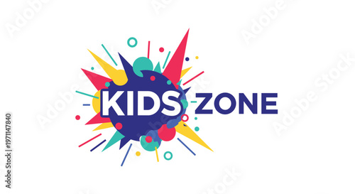 Colorful kids zone logo with bright shapes and paint splashes perfect for a public playground or school children's area.