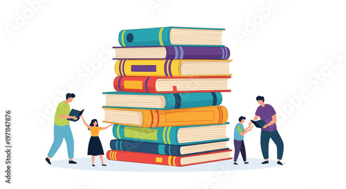 Group of tiny people reading and organizing a massive stack of oversized colorful books symbolizing education and knowledge.