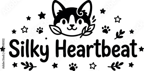 Black and white silky heartbeat text with cute husky face paw prints and stars vector art