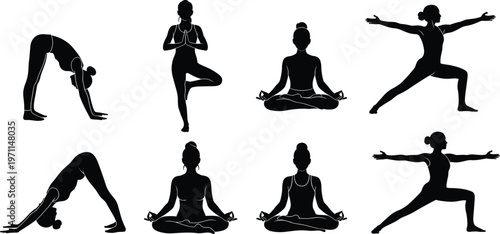 Black female yoga silhouettes set featuring diverse poses like downward dog, tree pose, warrior, and meditation for wellness, fitness, mindfulness, and healthy lifestyle design.