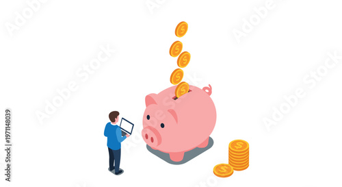 Isometric business illustration of a man using a laptop while several gold coins fall into a giant pink piggy bank.