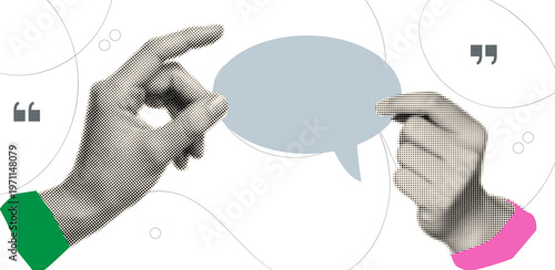 Halftone collage Hands Conversation with Speech Bubble