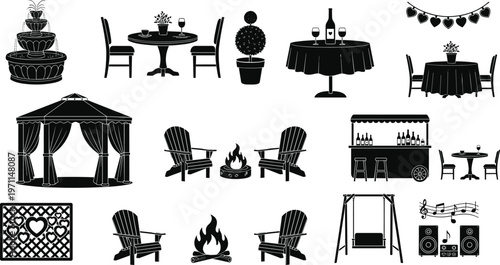 Black silhouette set of outdoor garden party elements featuring a gazebo, fountain, fire pit, adirondack chairs, bar cart, and patio dining furniture for events.