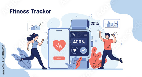 Modern fitness tracker technology concept with active people running and exercising next to a large smartwatch and phone.