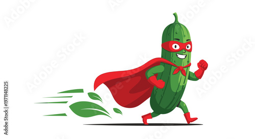 Funny cartoon cucumber superhero wearing a red mask and cape running very fast with green leaves trailing behind him.