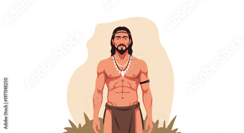 Detailed portrait of a strong Native American man or brave warrior wearing traditional leather clothing and bead necklaces.