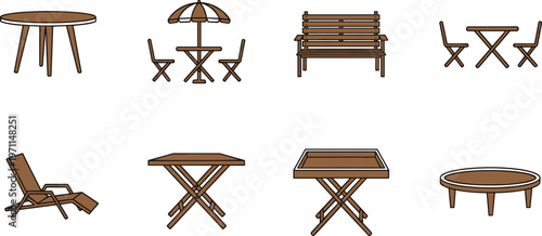 Collection of outdoor garden furniture icons including wooden patio tables, folding bistro sets with umbrellas, park benches, lounge chairs, and tray tables for backyard.
