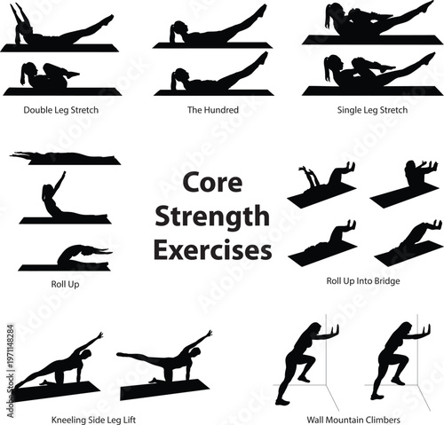 Vector Silhouettes of Female Pilates and Core Strength Exercises