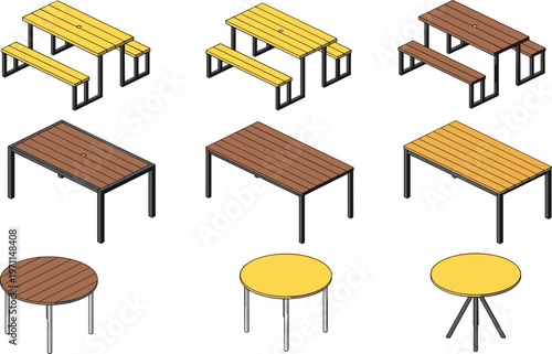 Isometric set of outdoor furniture including picnic tables with benches and round cafe tables in wood and yellow finish for park and patio design.