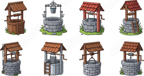 Illustrations of various rustic wishing wells featuring stone and wood bases with tiled roofs, buckets, windlass cranks, and ladders for village garden scenes.