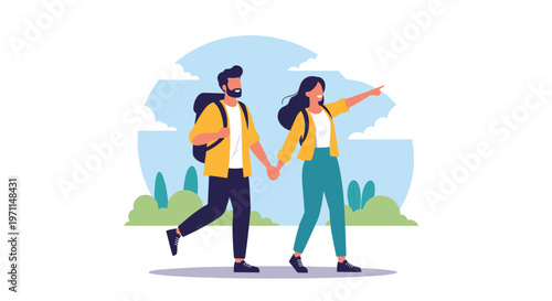 Happy young couple with backpacks walking and holding hands while exploring nature together during a hiking trip.