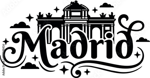 Black and white hand lettering madrid with landmark gate and stars vector art