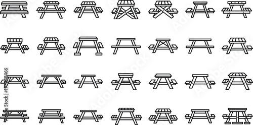 Large collection of wooden picnic table icons in black outline style featuring various bench designs for outdoor parks, backyard gardens, and public camping areas.