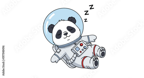 Cute panda astronaut floating in deep space and sleeping peacefully inside a white spacesuit with a glass helmet.
