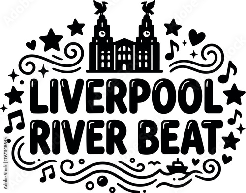 Liverpool river beat silhouette with musical notes stars and hearts