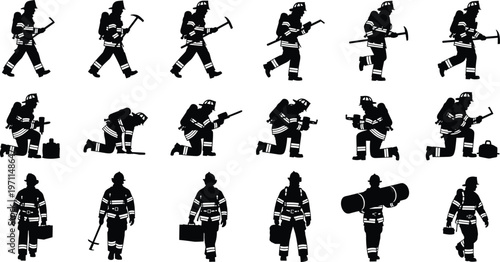 Professional Firefighter Silhouette Collection Featuring Firemen In Protective Gear Carrying Rescue Equipment Tools And First Aid Kits For Emergency Safety And Rescue Design