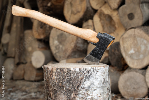 Traditional black finish Finnish axe stuck in a birch log for splitting firewood