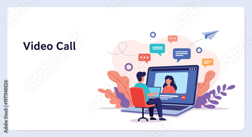 Modern conceptual illustration showing people communicating through a video call on a laptop screen with colorful speech bubbles.