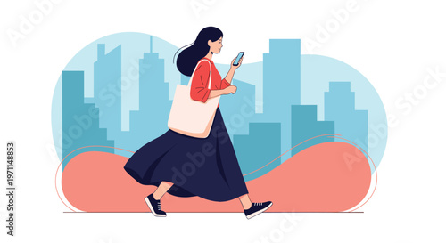 Stylish young woman walking through an urban city environment while looking down at her smartphone with skyscrapers in the distance.