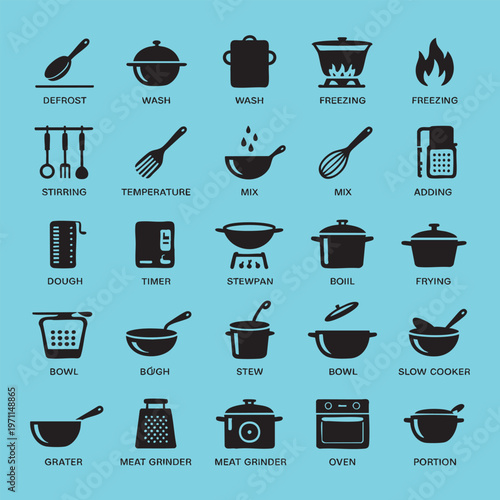 Of cooking methods and kitchen tools with labels defrost wash freezing stirring temperature