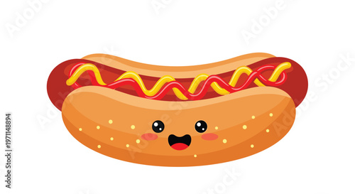 Cute cartoon hot dog character with a smiling face and drizzled mustard and ketchup on a soft bun for fast food promotion.