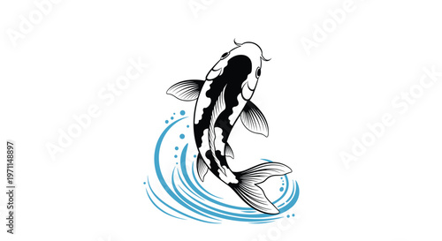Detailed black and white illustration of a beautiful koi fish leaping gracefully out of blue swirling water waves and splashes.