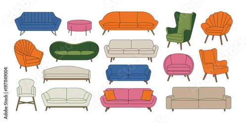 Modern home furniture, cozy sofas, chairs, armchairs, ottomans, and couches with cushions, presented as a living room interior in a stylish upholstered cartoon flat vector set, suitable for interior 