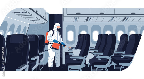 Specialized worker in a white hazmat suit and mask spraying disinfectant to sanitize an airplane cabin interior during a pandemic.