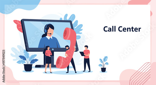Business call center concept illustration with customer service representatives working around a large monitor and telephone handset.