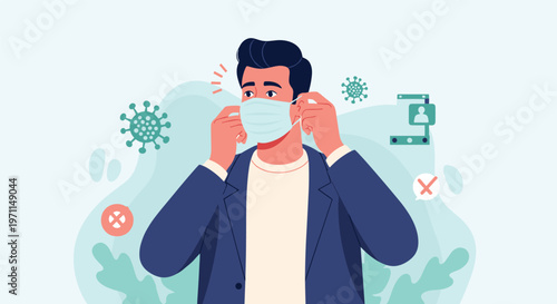 Young man carefully putting on a blue surgical face mask for protection against viruses and bacteria in a modern flat design style.