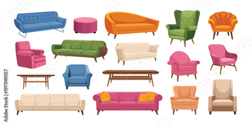Modern home furniture vector set featuring cozy sofas, chairs, armchairs, ottomans, and couches with cushions, illustrated in a cartoon flat style, ideal for living room layouts, 