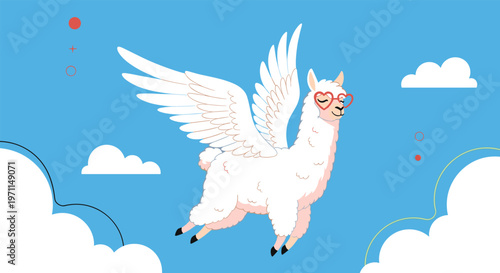Whimsical white llama with large feathery wings and heart shaped glasses flying through a blue sky with fluffy white clouds.