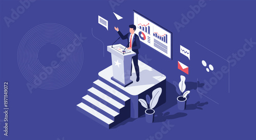 Professional businessman delivering a presentation at a podium with data charts and infographics in a purple isometric background.