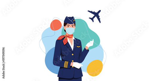 Professional flight attendant wearing a blue uniform and face mask with a small airplane and colorful shapes in the background.