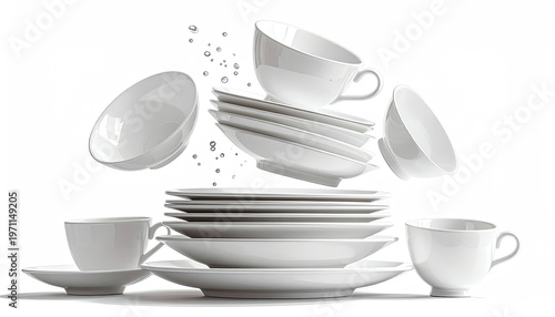 White Porcelain Dishes: Plates, Bowls, and Cups with Water Splashes Isolated