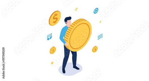 Successful man holding a giant gold coin with several smaller dollar coins floating around him in an isometric 3d style.