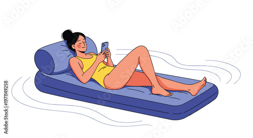 Relaxed young woman in a yellow swimsuit lounging on a blue inflatable pool float while browsing her smartphone on the water.