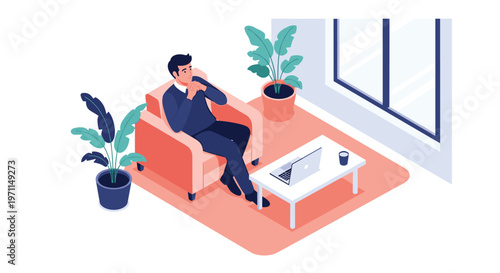 Pensive young man sitting in a comfortable armchair at home thinking while his laptop sits on a coffee table in a modern room.