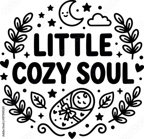 Black and white little cozy soul baby with moon stars and leafy wreath vector art