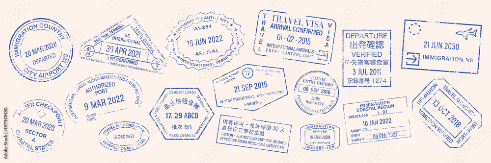 Obraz premium Collection of international passport stamps vector elements