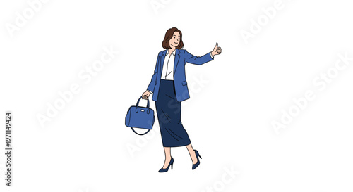 Professional businesswoman in a formal blue suit hailing a taxi or ride with a thumbs up gesture while carrying a handbag.