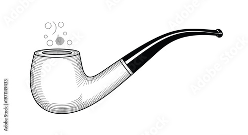 Detailed vintage style engraving of a classic smoking pipe with subtle smoke patterns rising from the bowl on white background.