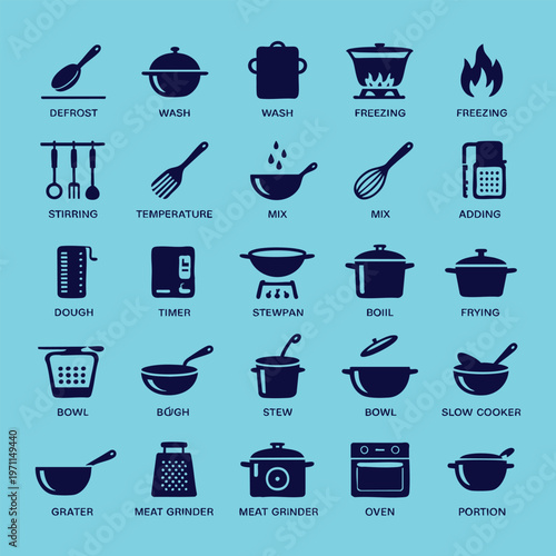 Of kitchen cooking tools and utensils set in purple and white defrost wash freezing stirring