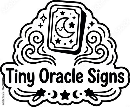 Black and white tiny oracle signs text with crescent moon tarot card vector art