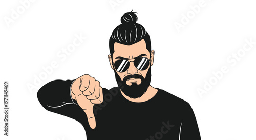 Man with top knot hairstyle and sunglasses showing thumbs down gesture as sign of disapproval or negative feedback.